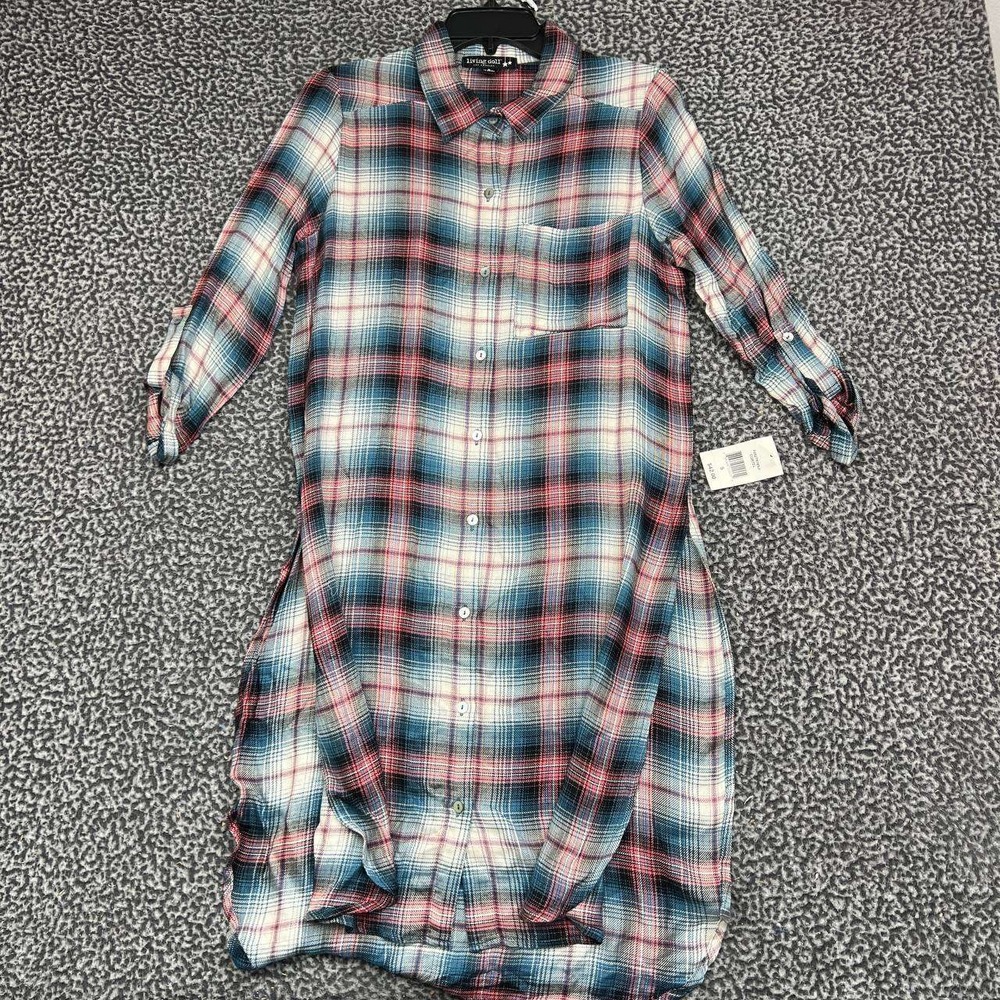 Living Doll Cortel Shirt Dress Women Small Plaid Button Blue Pink Rayon New